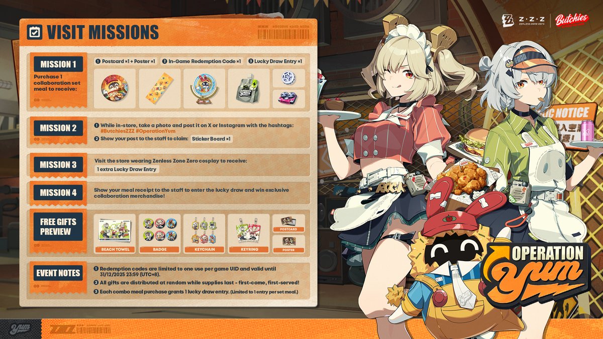 ZZZ_EN's tweet image. Reminder OPERATION YUM: Offline Special Event with Butchies is starting soon in London!
Gather your friends, enjoy our tasty ZZZing Burger Meal Combo, and win event collaboration merchandise!
Event Details:
1. Purchase 1 Collaboration Set Meal to receive postcard ×1 and…
