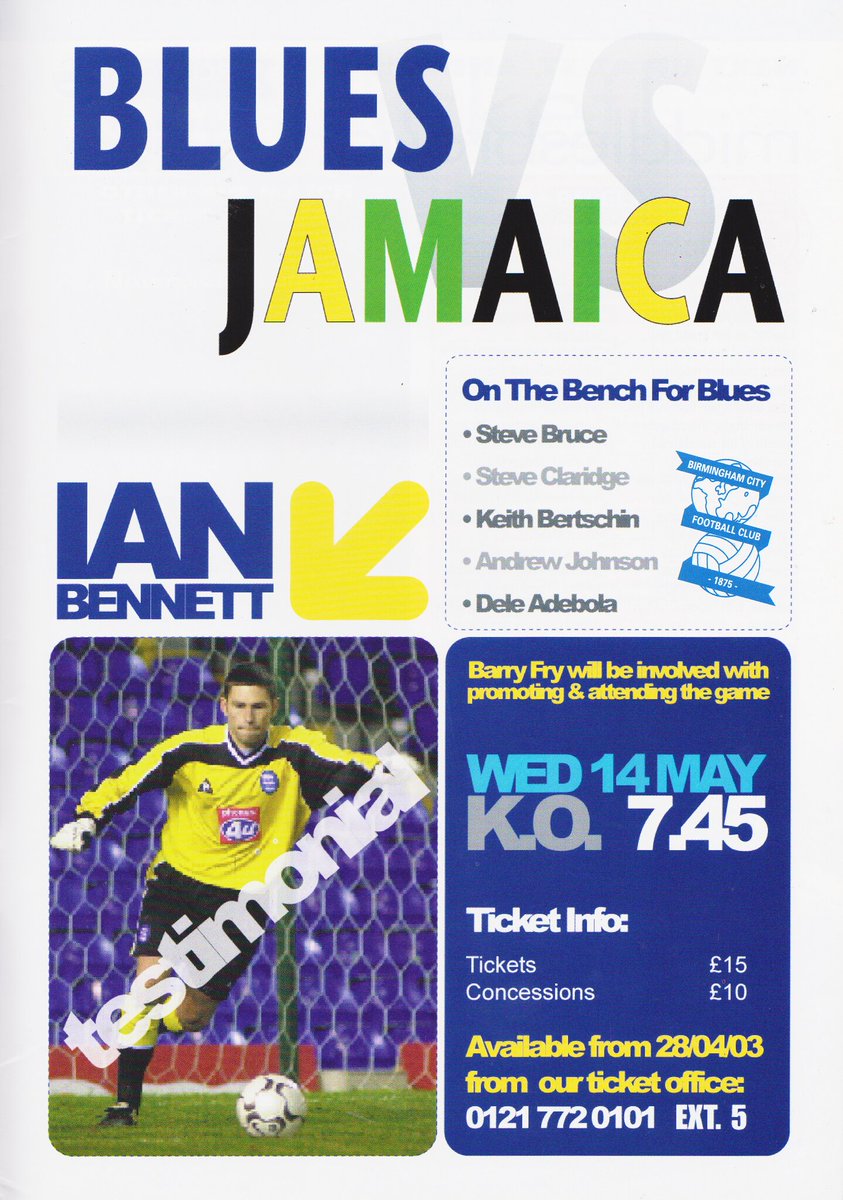 bcfcarchive's tweet image. Advert for Ian Bennett's testimonial - lesser spotted yellow 02/03 gk kit included. #BCFC