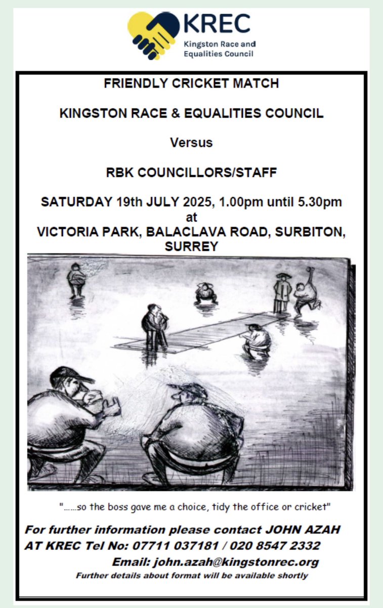 Kingston REC (@krec2016) on Twitter photo The annual <a href="/krec2016/">Kingston REC</a> vs <a href="/RBKingston/">Kingston Council</a> Cllrs & Staff Cricket match takes place on Sat 19th July at Victoria Park Surbiton This is a great social & community engagement event through sport <a href="/RBKMayor/">RBK Mayor</a> will bowl the 1st ball Join us for cricket socialising & great refreshments The annual <a href="/krec2016/">Kingston REC</a> vs <a href="/RBKingston/">Kingston Council</a> Cllrs & Staff Cricket match takes place on Sat 19th July at Victoria Park Surbiton This is a great social & community engagement event through sport <a href="/RBKMayor/">RBK Mayor</a> will bowl the 1st ball Join us for cricket socialising & great refreshments