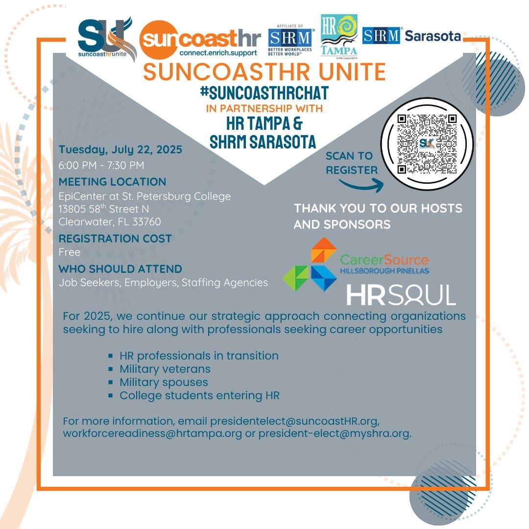 Join us for a high-impact event designed to strategically connect job seekers, employers, and staffing agencies!

Location: EpiCenter at St. Petersburg College on Tuesday, July 22, 2025.

👉 Register here: suncoasthr.org/events/EventDe…