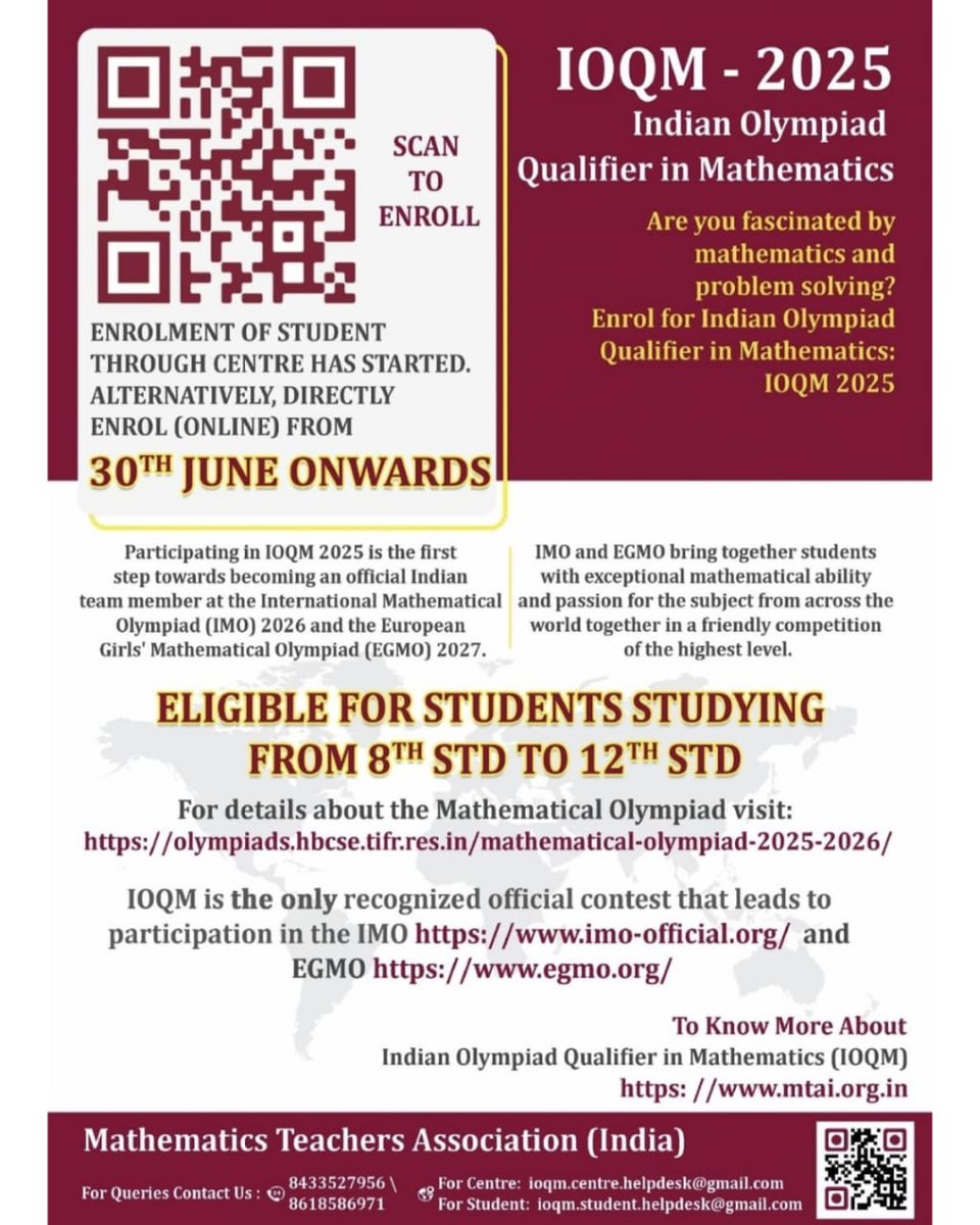 HBCSE_TIFR's tweet image. Hurry Up! Only few days left for IOQM registrations!
Don't miss your chance to take the first step towards representing India at the International Mathematical Olympiad. Eligible students enroll now and challenge yourself with the best minds in Mathematics. #IOQM2025