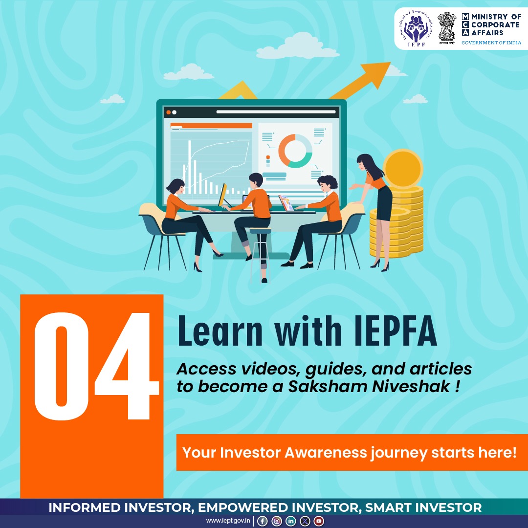 Become a #SakshamNiveshak! 

Learn with IEPFA. Access videos, guides, and articles to empower your financial journey. 

Your investor awareness starts here! 

#FinancialLiteracy #InvestorEducation #LearnWithIEPFA