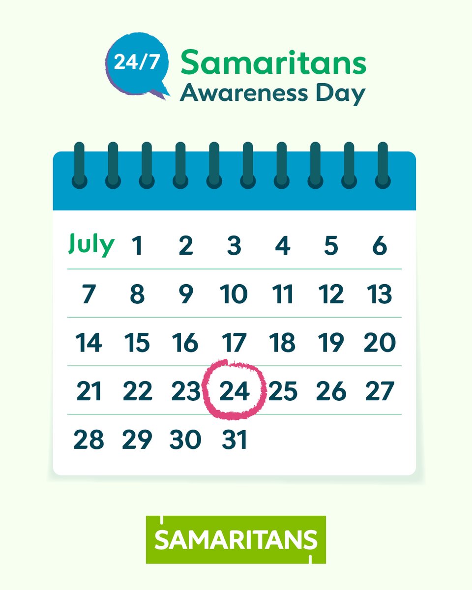 samaritans's tweet image. 1 week to go.
Samaritans Awareness Day is on 24 July because we’re here to listen 24/7.
Join us on the day and help us spread the word that there’s always someone here to listen on 116 123.