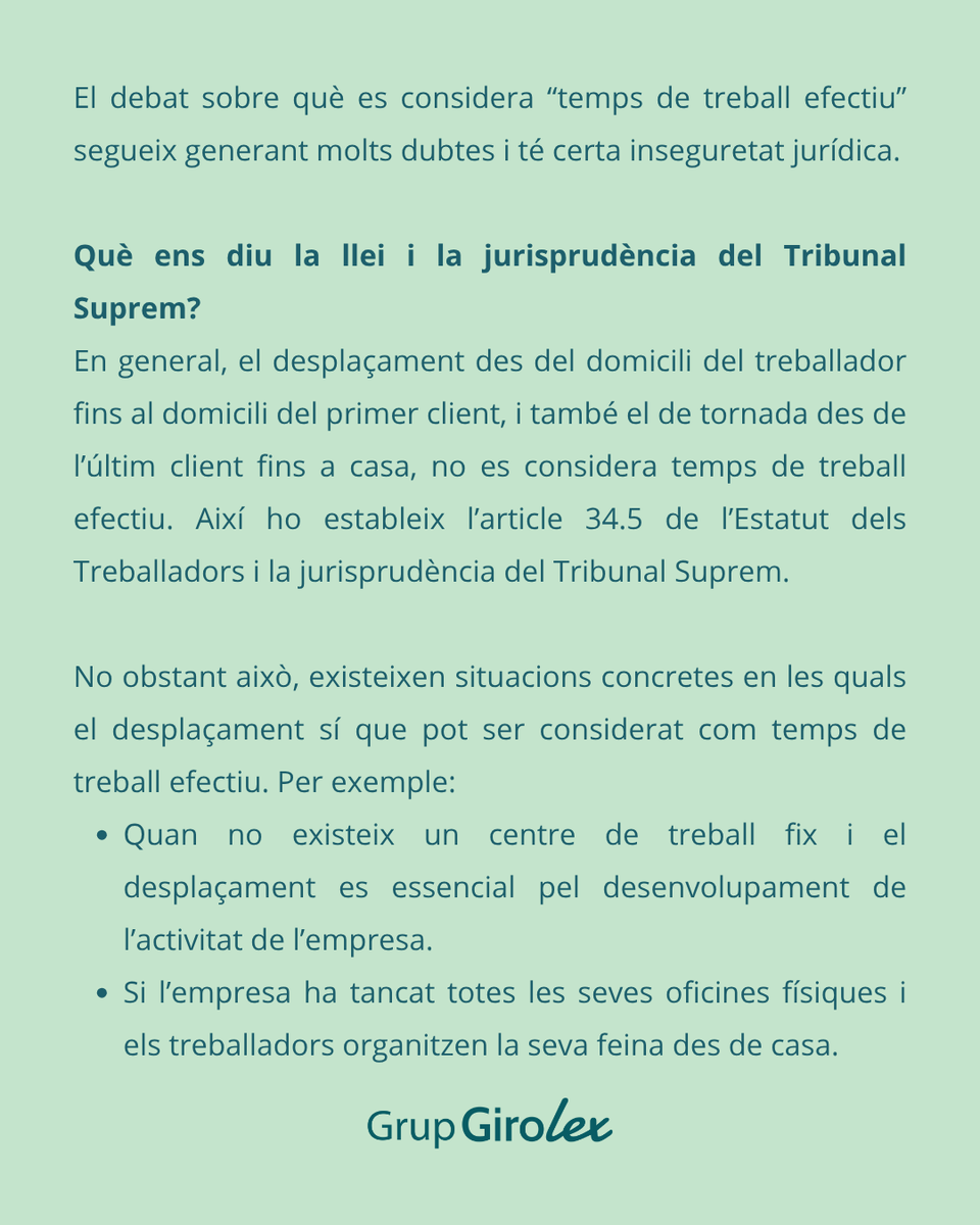 Girolex's tweet photo. 📢 El desplaçament de casa al primer client es considera temps de treball?

Segons l’ET i el Suprem, en general NO. Però sí si no tens centre fix o treballes des de casa per tancament d’oficines.
Cada cas compta. Has viscut una situació així?👇

#DretsLaborals #TempsdeTreball https://t.co/7oCJP1B6Ud