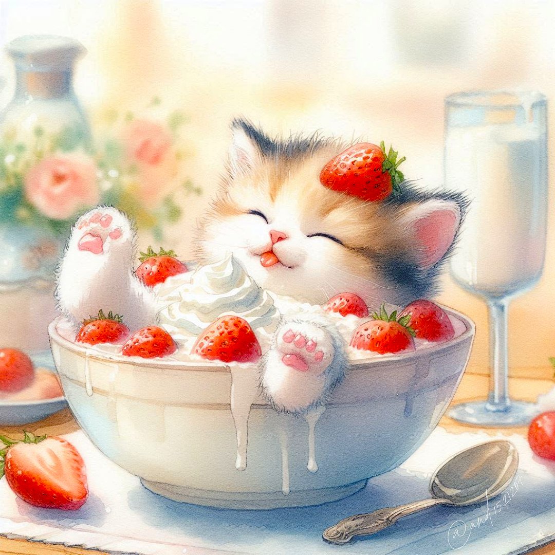 and1521207's tweet image. 猫パフェ丼🐱🍓🍦🍚
Life is short. Curl up in the parfait.🐈
#aiart #AIイラスト #cat #猫