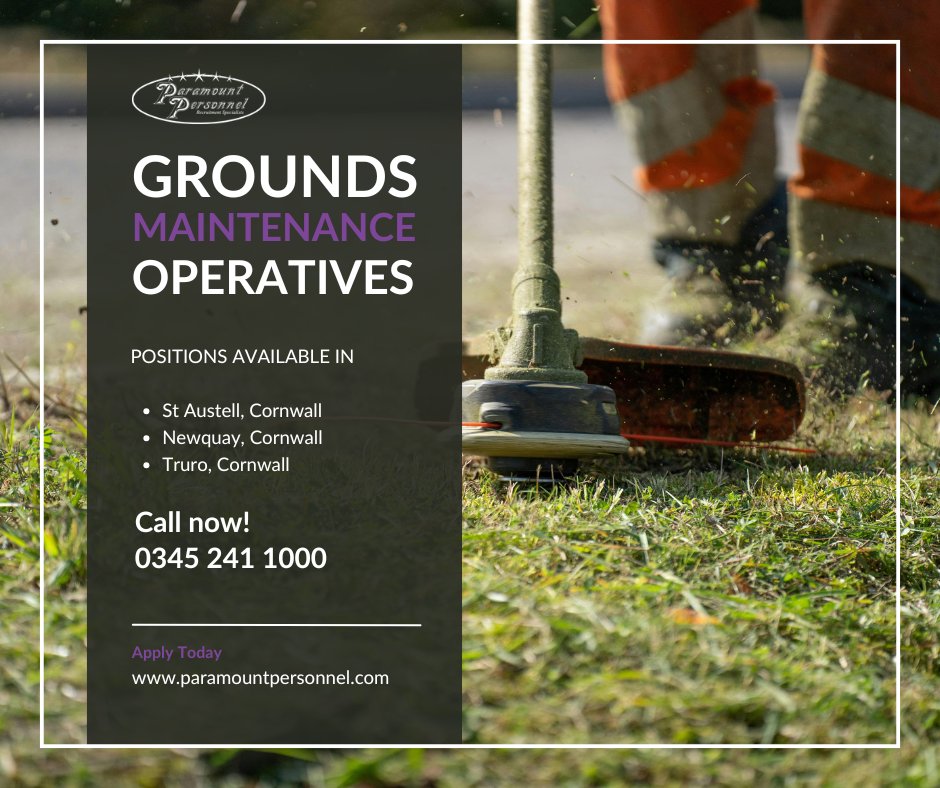 🌿 Exciting Opportunity! 🌿 Join us in beautifying Cornwall's landscapes! We're hiring Grounds Maintenance Operatives in St Austell, Newquay &amp; Truro. Love the outdoors? Apply now!

Explore positions: paramountpersonnel.com/vacancy/🌱 #JobsInCornwall #JoinOurTeam