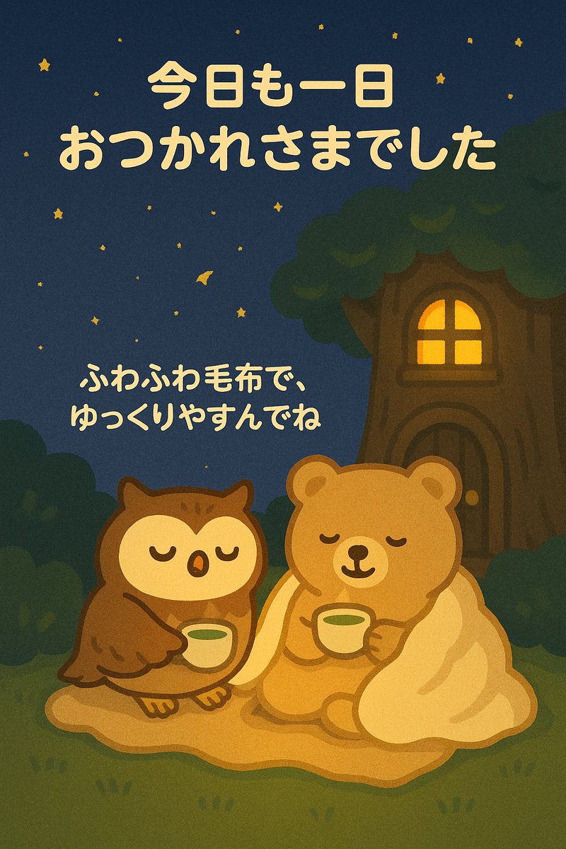 こんばんは、ふくろうの「よるね」だよ🦉🌌
今日も一日おつかれさまでした☕🌿
がんばったあなたに、そっと拍手をおくるね👏💫

ゆっくりお茶でも飲んで、ふわふわ毛布にくるまってね🍵🧺
ぼくも今夜、内緒のおとどけものの準備中だよ…💌🕊️

#おつかれさま #moffの森便り #やすみじかん