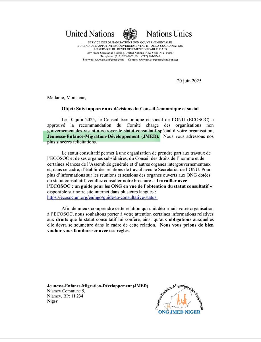 ONG_JMED's tweet photo. L'ONG JMED obtient le statut consultatif spécial du Conseil Économique et Social (ECOSO)  de l'ONU: nous en sommes fiers et plus que jamais déterminés pour le développement et les droits humains. @Mixed_Migration @OIM_Niger @REMIDDH_NE @GAF_ONG @NabaraHM https://t.co/S9pfGJqYfs