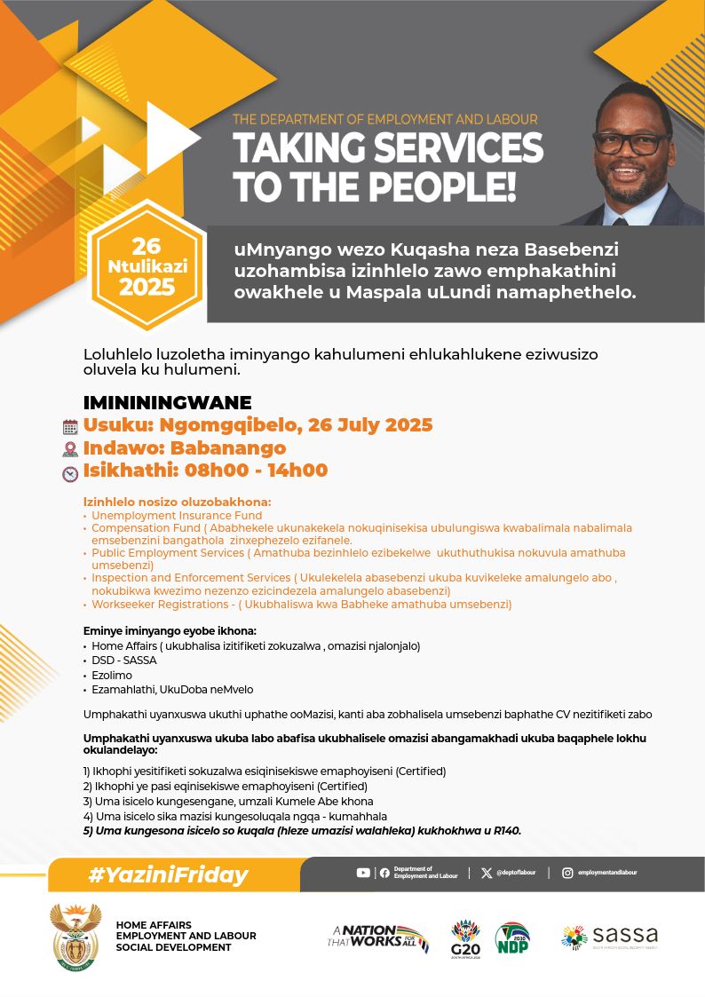 uMnyango weZokuqasha naBasebenzi uletha izinsiza kubaHlali base Babanango namaphethelo. UMnyango uhambisana neminye iminyango ka Hulumeni okubalwa noMnyango wezaseKhaya uletha izinsiza kubantu.

#SisebenzelaWena #Yazini