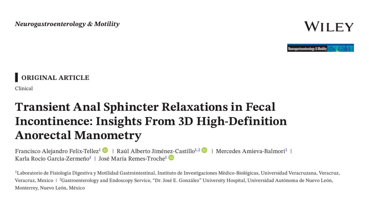 Check out our latest publication 👇🏼

Transient anal sphincter relaxations in fecal incontinence:
⬇️ Squeeze pressure
😮‍💨 Poor cough reflex
❌ No structural lesion
🛑Linked to pelvic floor akinesia
#MedTwitter  #PelvicFloor #FecalIncontinence #GITwitter 

doi.org/10.1111/nmo.70…
