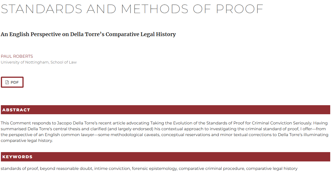 QuaestioF's tweet image. ¡NUEVO ARTÍCULO!

&quot;Standards and Methods of Proof: An English Perspective on Della Torre’s Comparative Legal History&quot; de Paul Roberts

➡️ revistes.udg.edu/quaestio-facti…