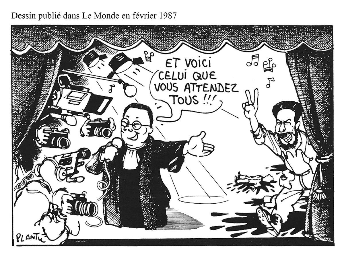 plantu's tweet image. TERRORISME: le libanais Georges Ibrahim Abdallah est libéré, après quarante ans de détention. En 1987, il était défendu par Maître Vergès. Condamné pour complicité d’assassinats terroristes, il va quitter la prison et être expulsé vers Beyrouth le 25 juillet.