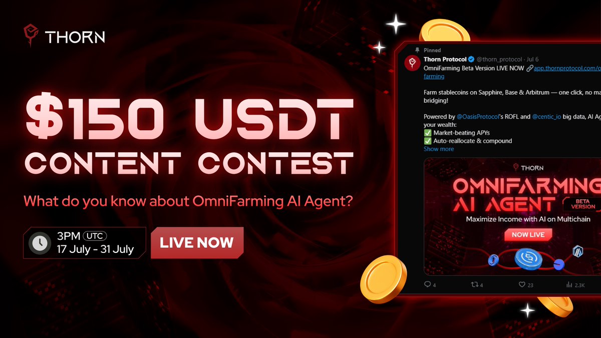 thorn_protocol's tweet image. 💥Let&apos;s join our new exciting #minigame Content Contest Frenzy &amp;amp; have a chance to claim the prize!

💰 Rewards: $150 USDT / 4 prizes
⏰ Time: 3PM UTC 17 July - 31 July

🎯 Here&apos;s how to participate:
1️⃣ Follow Twitter @thorn_protocol 
2️⃣ Join Thorn Telegram Channel
3️⃣ Create an…