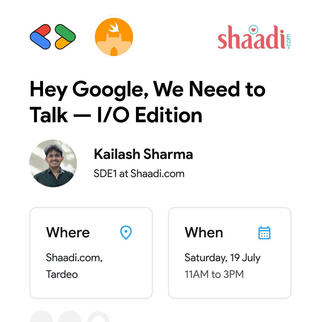 gdgmad's tweet image. Annnnd for our meetup this Saturday join us as we take the collab w/ @swift_mumbai to the next level covering what happened at Google I/O and WWDC 2025 with some aura farming speakers! 🤩
@thekaailash from @ShaadiDotCom
@mufasaYC at @karoapp
@prashantrdalai from Direction S/W