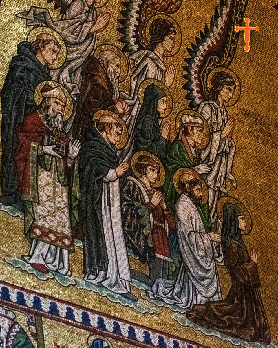 Do you recognise any of these saints?

On the gospel side of the Lady Chapel, facing the apse, nine lesser-known (at least in this part of the world) saints devoted to the Mother of God gaze in adoration at Christ enthroned on the Tree of Life.

Any guesses who?