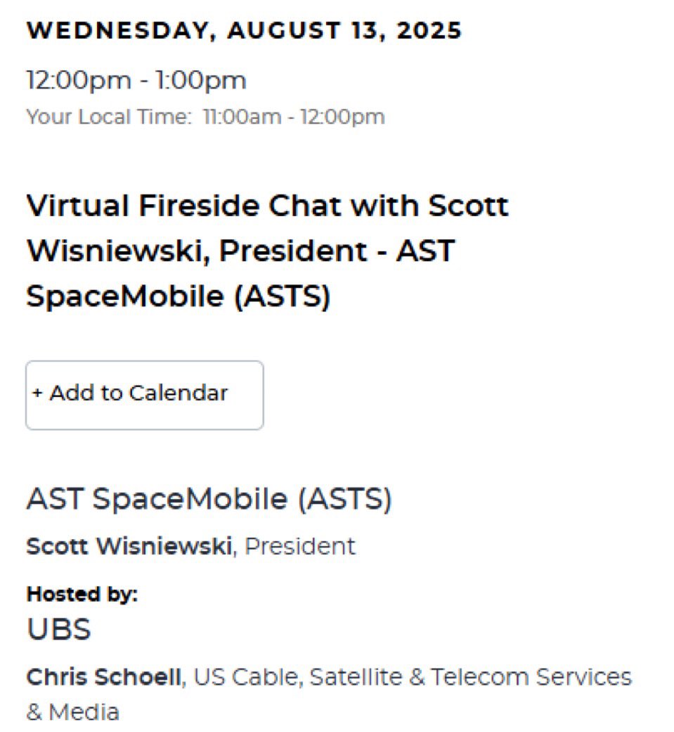 DavidABurstein's tweet image. A point of interest regarding some recent news with $ASTS: 

UBS, which at the moment does not have a rating on AST SpaceMobile due to being restricted (double throat clear), is hosting company president Scott Wisniewski for a virtual fireside chat on August 13th. This…