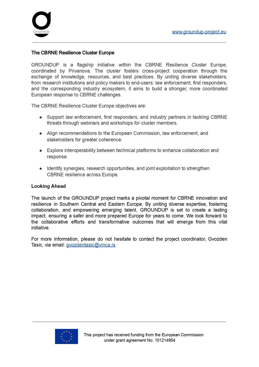The <a href="/groundup_eu/">GroundUp Project EU</a> Kick-off Meeting press release is now live! 🚀

We’re proud to launch this groundbreaking initiative, dedicated to building a dynamic #CBRNE innovation ecosystem across Southern Central and Eastern Europe, and to work alongside such an exceptional consortium.