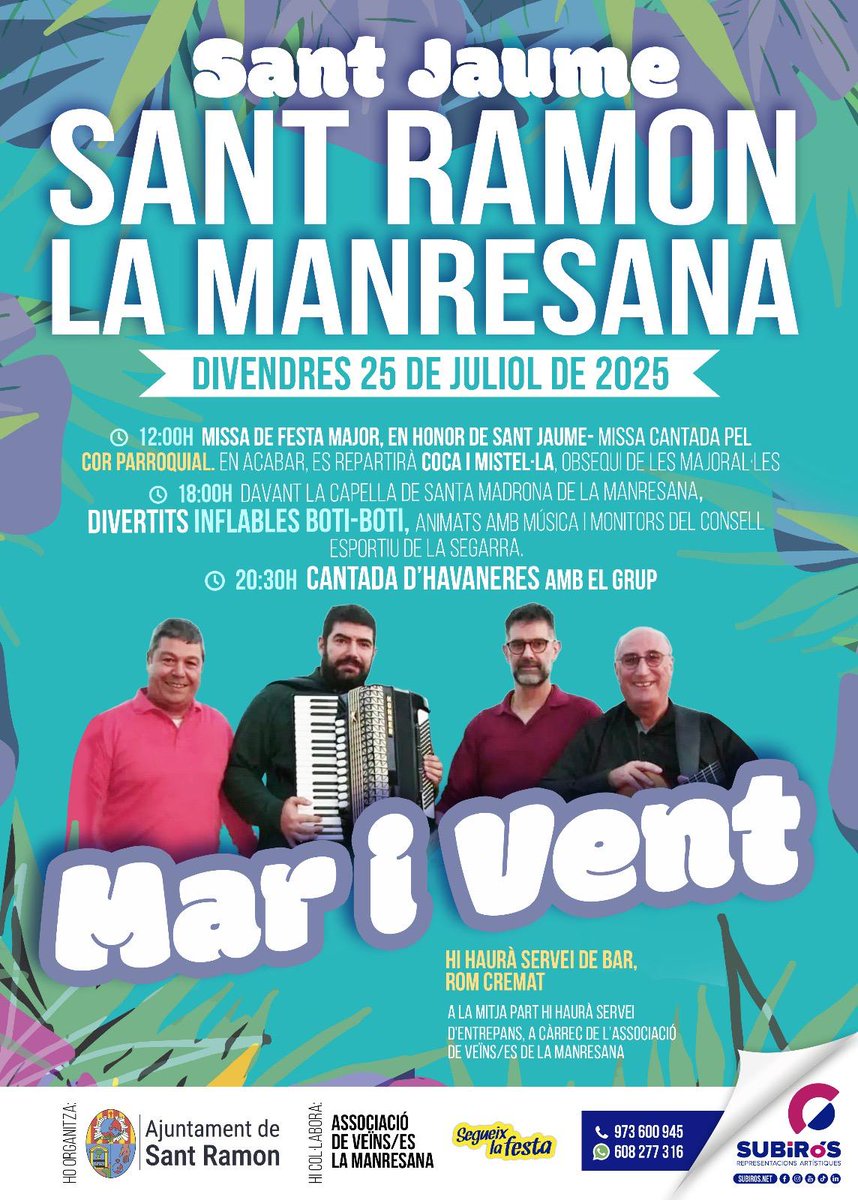 AJSantRamon's tweet image. 📍Divendres, 25 de juliol, Sant Jaume a La Manresana

✅ De les 12 h fins a les 20.30 h - Missa, jocs infantils i cantada d’Havaneres.

Us hi esperem😍😍