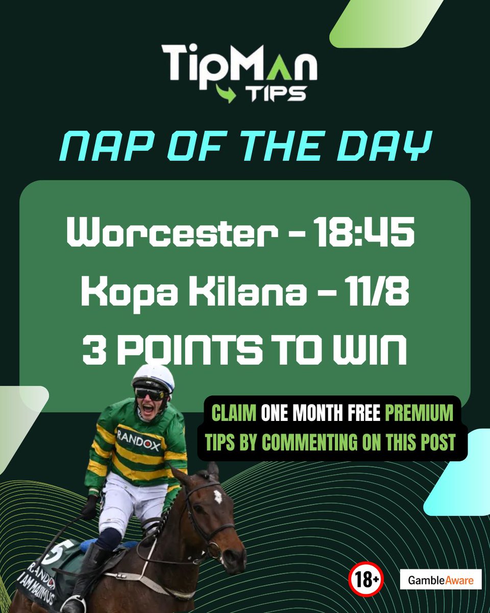 Tipman Tips (@tip_man_tips) on Twitter photo π© NAP OF THE DAY β 17 July
π Worcester 18:45
Kopa Kilana β 11/8 β
J: Sean Bowen | T: Olly Murphy
Looks to back up a C&D win β hard to oppose π
π Daily Racing + Football Tips
π¬ Reply βFREEβ for 1 month of tips
π Full write-up & more πtipmantips.com/horse-racing-tβ¦
#NAP π© NAP OF THE DAY β 17 July
π Worcester 18:45
Kopa Kilana β 11/8 β
J: Sean Bowen | T: Olly Murphy
Looks to back up a C&D win β hard to oppose π
π Daily Racing + Football Tips
π¬ Reply βFREEβ for 1 month of tips
π Full write-up & more πtipmantips.com/horse-racing-tβ¦
#NAP