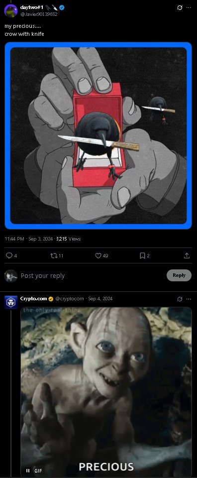 <a href="/Binance_intern/">Binance Intern</a> i got you mr intern man, caw caw!
ah <a href="/cryptocom/">Crypto.com</a>, i remember it like it was yesterday
crow with knife