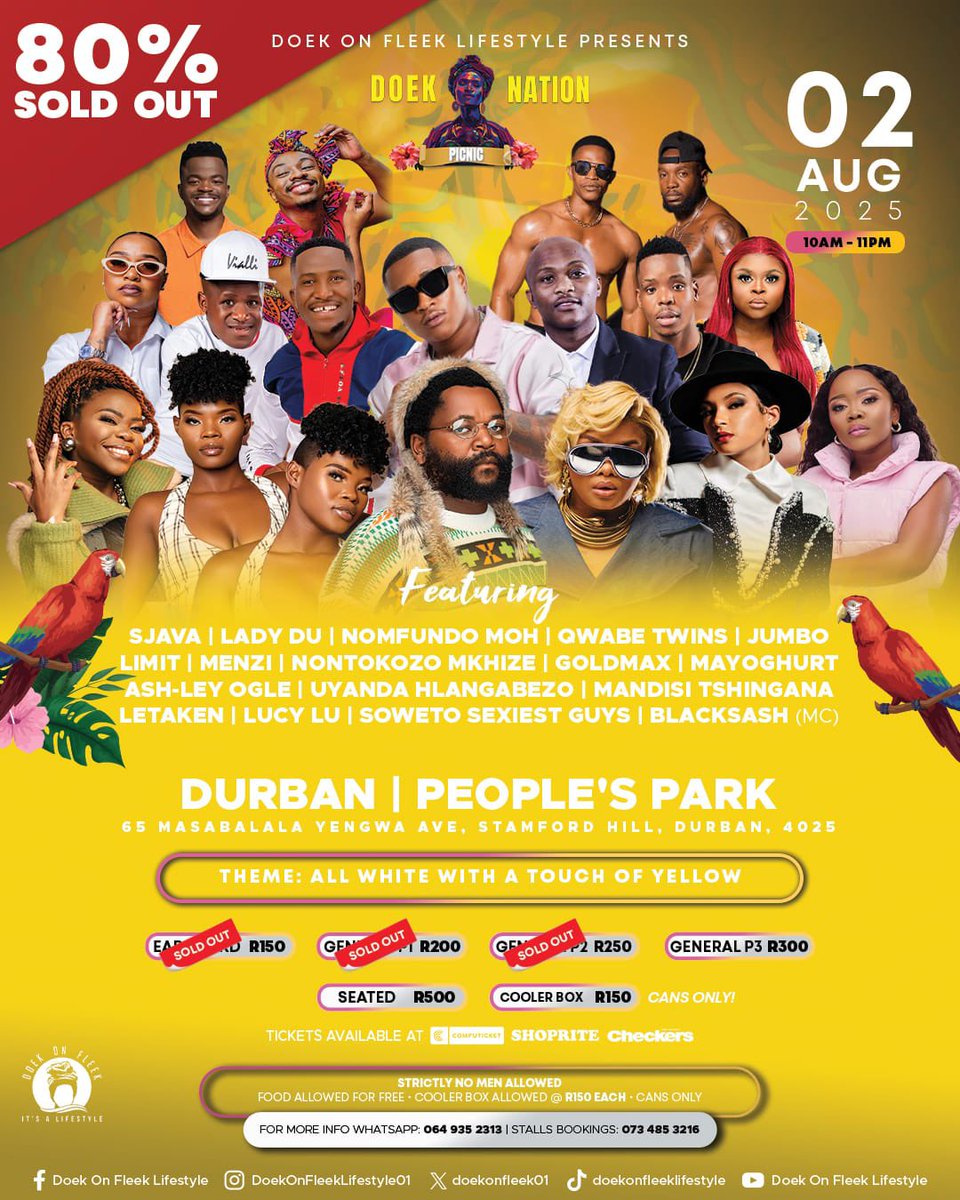 doekonfleek01's tweet image. The countdown has officially begun with 16 days to go! 💃🏾🔥
Date 📆: Saturday 02 August 2025
📍Venue: People’s Park
Theme👗: All white with a touch of Yellow
👉Follow link to Get your tickets 🎫
shorturl.at/oOZ7z
@KingFreezySA FunkyFreshSA | Dj Blaze SA
#doekonfleek