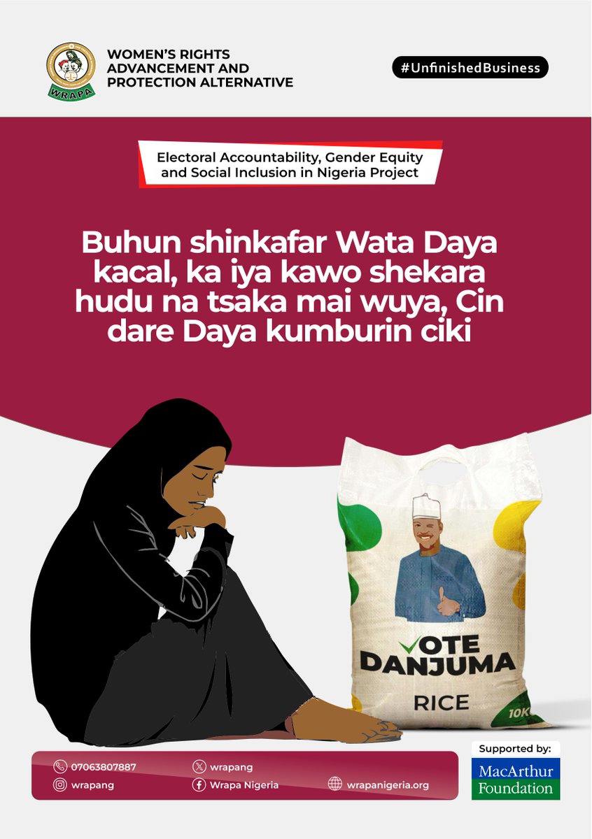 WRAPANG's tweet image. That bag of rice fit no last pass three months, but your choice go affect 4 years.

Make it count. Be informed.

Listen to WRAPA’s reform jingles:
audiomack.com/wrapa399/album…

#UnfinishedBusiness #WRAPAForInclusion #YourVoiceCounts #AwarenessIsPower