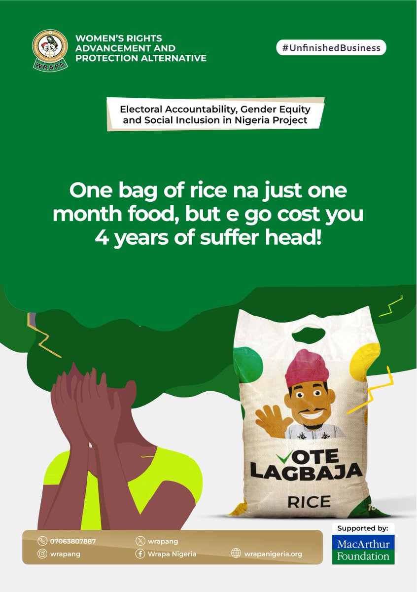 WRAPANG's tweet image. That bag of rice fit no last pass three months, but your choice go affect 4 years.

Make it count. Be informed.

Listen to WRAPA’s reform jingles:
audiomack.com/wrapa399/album…

#UnfinishedBusiness #WRAPAForInclusion #YourVoiceCounts #AwarenessIsPower