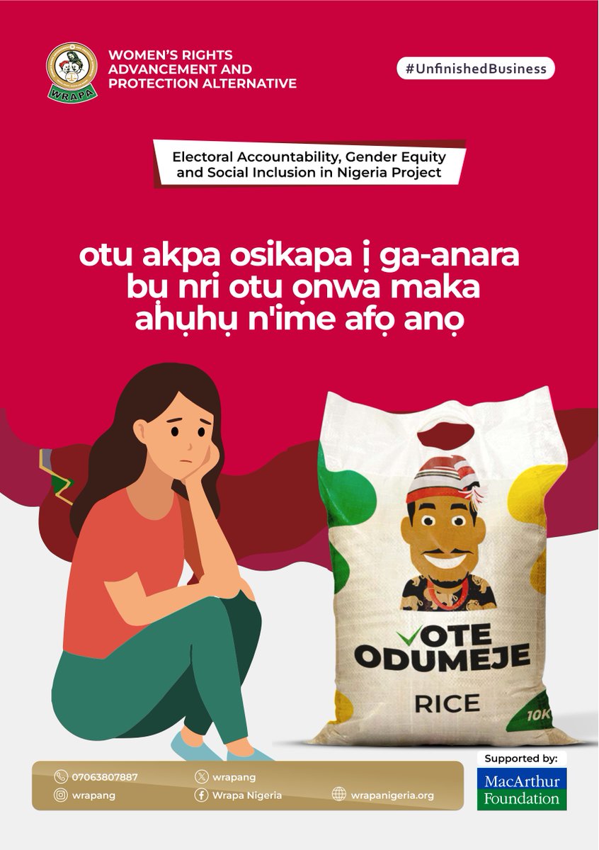 WRAPANG's tweet image. That bag of rice fit no last pass three months, but your choice go affect 4 years.

Make it count. Be informed.

Listen to WRAPA’s reform jingles:
audiomack.com/wrapa399/album…

#UnfinishedBusiness #WRAPAForInclusion #YourVoiceCounts #AwarenessIsPower