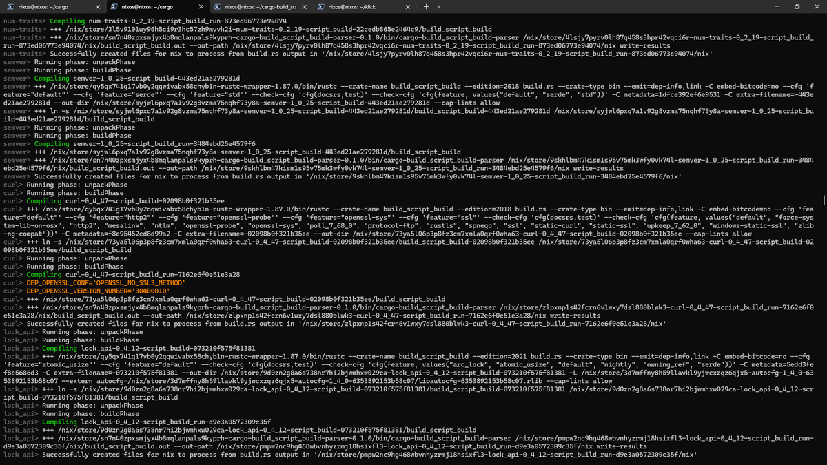 I reworked the output of the build:
nix build -L .#cargo-0_88_0-bin-fafc14832178210d --impure
This shows:
* build-script-build execution
* usage of environment variables coming from the said execution
And for the first release soon I'm very happy with the output as it is clean