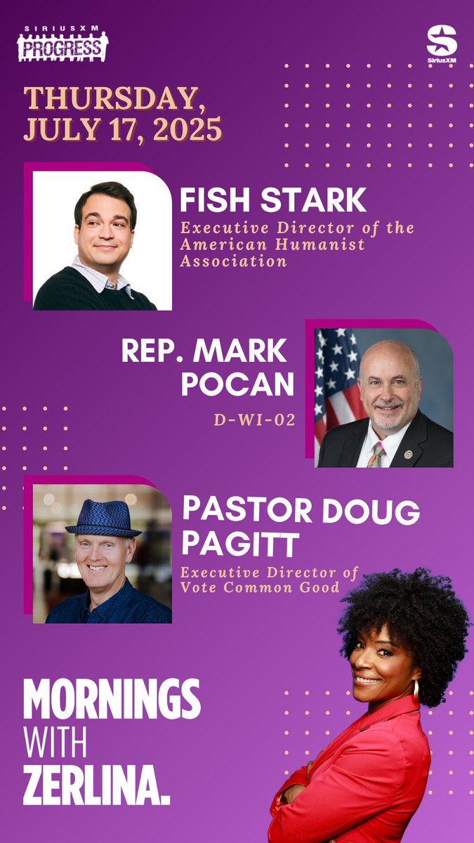 ZerlinaMornings's tweet image. Hello Thursday! Joining Zerlina: @americnhumanist Executive Director @fishstark, @RepMarkPocan of WI-02 + @VoteCommon Executive Director @pagitt!
☎️ 866-997-4748
📻 @SiriusXMProg Ch.127
siriusxm.us/Zerlina