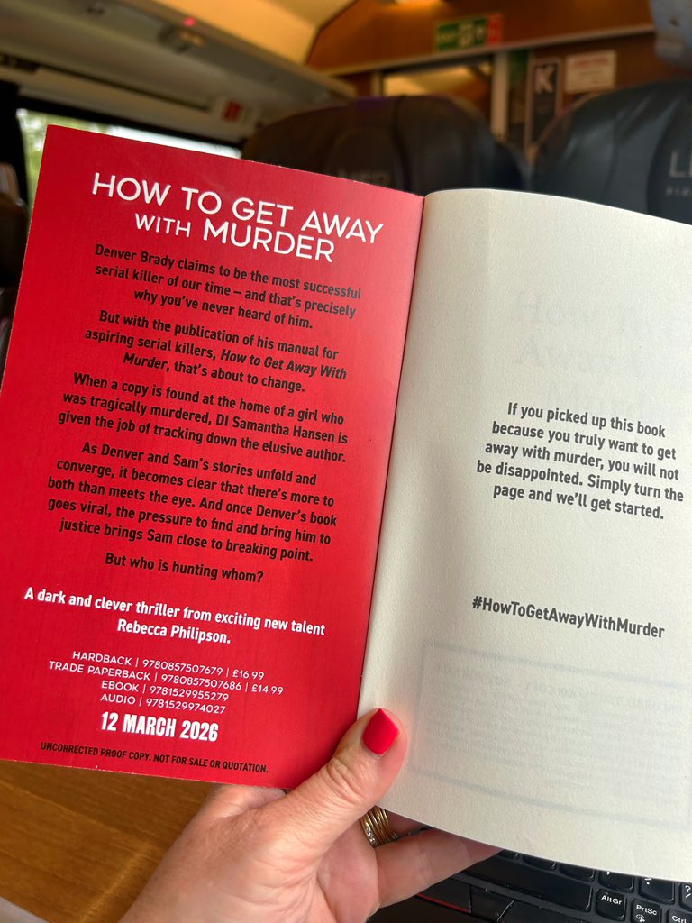 alisonbarrow's tweet image. On my way to #TheakstonsCrime where we have pre-launched many (MANY!) huge global bestsellers. Rereading this dark, clever slice of pulse-beating fiction- a major debut coming 2026. Find me at Harrogate and I'll share a proof... #HowToGetAwayWithMurder 📚@BeccaPhilipson