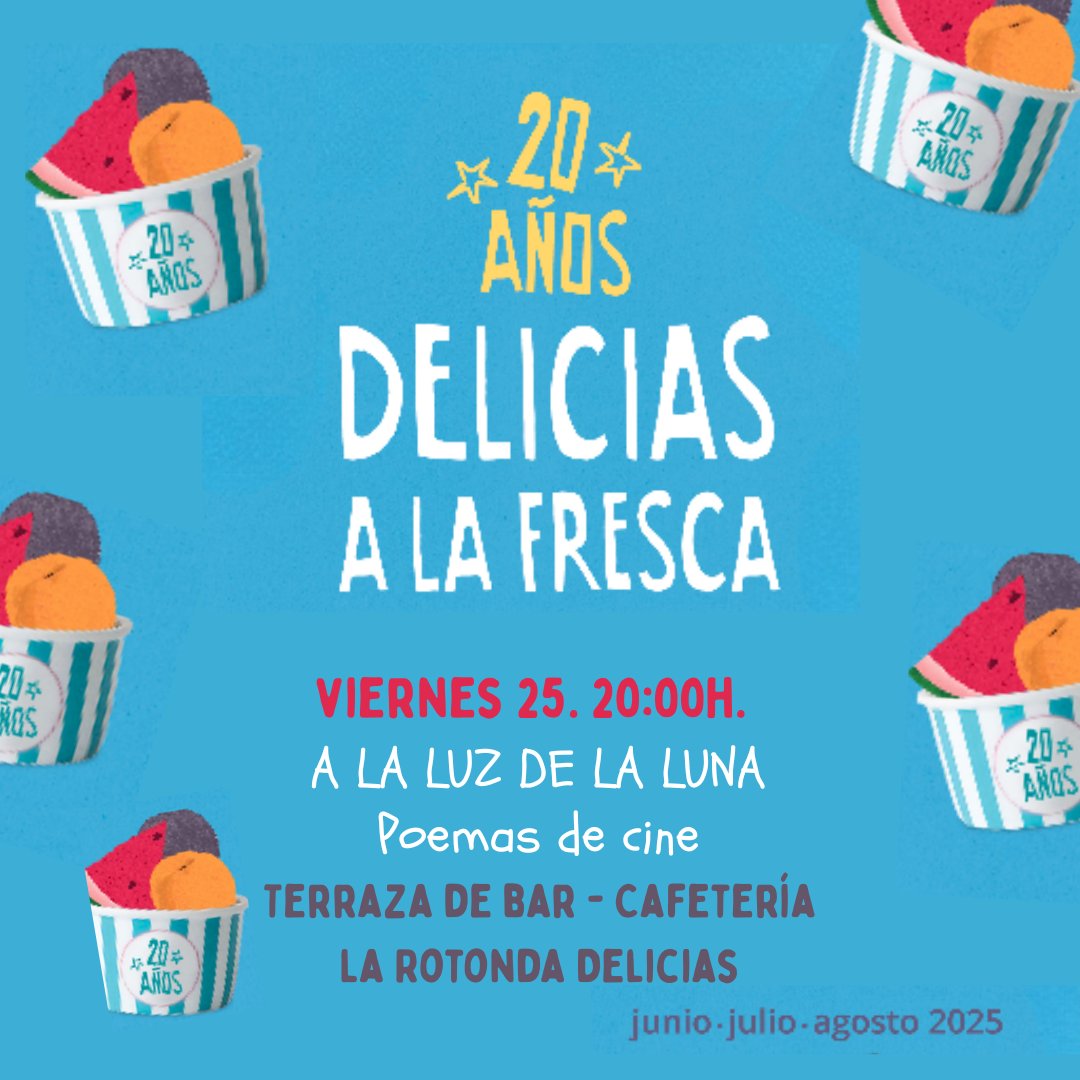 Este viernes, 25JUL, doble sesión de Delicias a la Fresca:
➡️ 20 h: Poemas de cine A la luz de la luna en la terraza de la cafetería La Rotonda Delicias (Avda Navarra 54).
➡️ 22 h: Rock Latino con Yooko en La Terraza Experimental del Parque Delicias.
Más información >