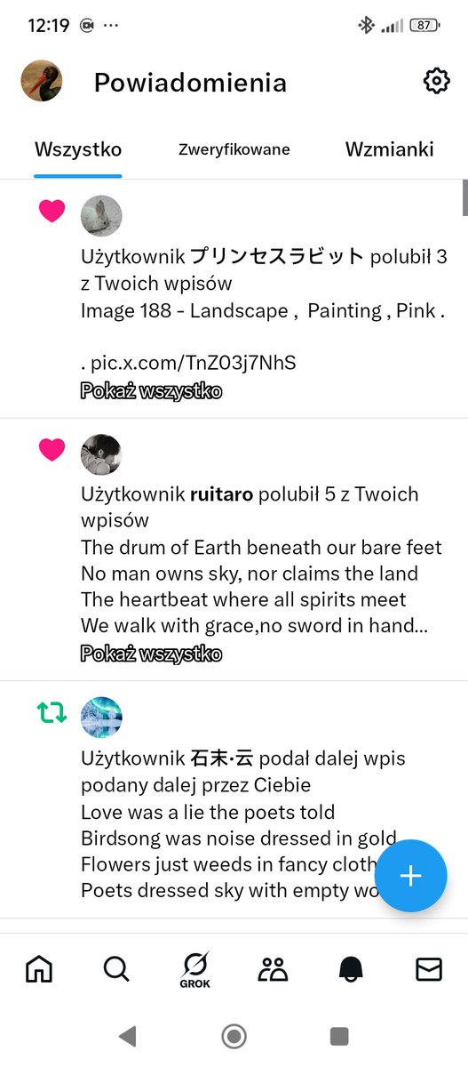 <a href="/PrincessUsaHime/">プリンセスラビット</a> Witam 
Przed chwilą zrobiłeś mi chyba 14 polubień - bo widziałem w wyskakującym okienku - A w powiadomieniach pokazało mi tylko 3 polubienia - zrobiłem Ci 10 Rt z polubieniami - X polubienia tych samych twittów pokazuje chyba dopiero po 3-10 dniach-lepiej dawać polubienia obcych