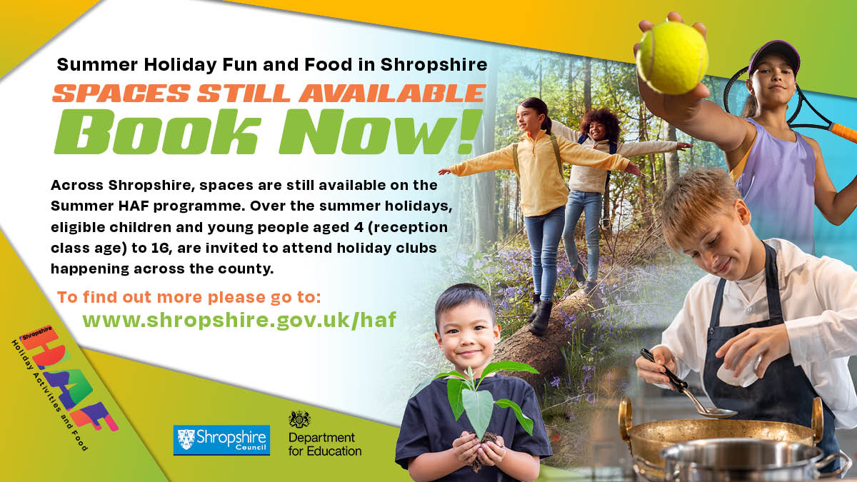ShropCouncil's tweet image. Spaces are still available on the summer Shropshire HAF (Holiday Activities & Food) programme, at several holiday clubs.
Shropshire Council is working with schools, voluntary and community organisations, and childcare providers to run the programme.
orlo.uk/0lXDK