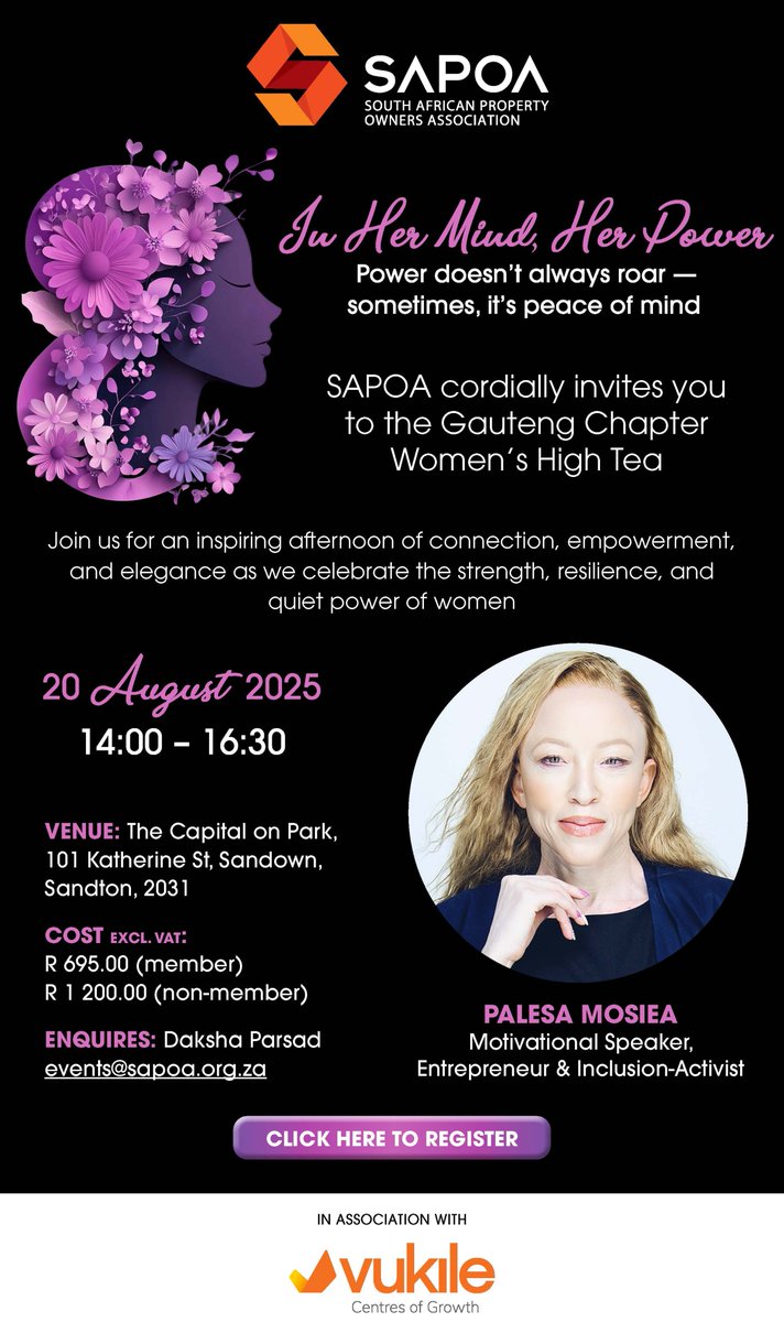 SAPOA (@sapoa_sa) on Twitter photo SAPOA cordially invites you to the Gauteng Chapter Women’s High Tea
In Her Mind, Her Power | Power doesn’t always roar — sometimes, it’s peace of mind
20 August 2025, 14:00 – 16:30
More info here: sapoa.org.za/event/sapoa-wo…
In association with <a href="/VukilePropFund/">Vukile Property Fund</a> SAPOA cordially invites you to the Gauteng Chapter Women’s High Tea
In Her Mind, Her Power | Power doesn’t always roar — sometimes, it’s peace of mind
20 August 2025, 14:00 – 16:30
More info here: sapoa.org.za/event/sapoa-wo…
In association with <a href="/VukilePropFund/">Vukile Property Fund</a>