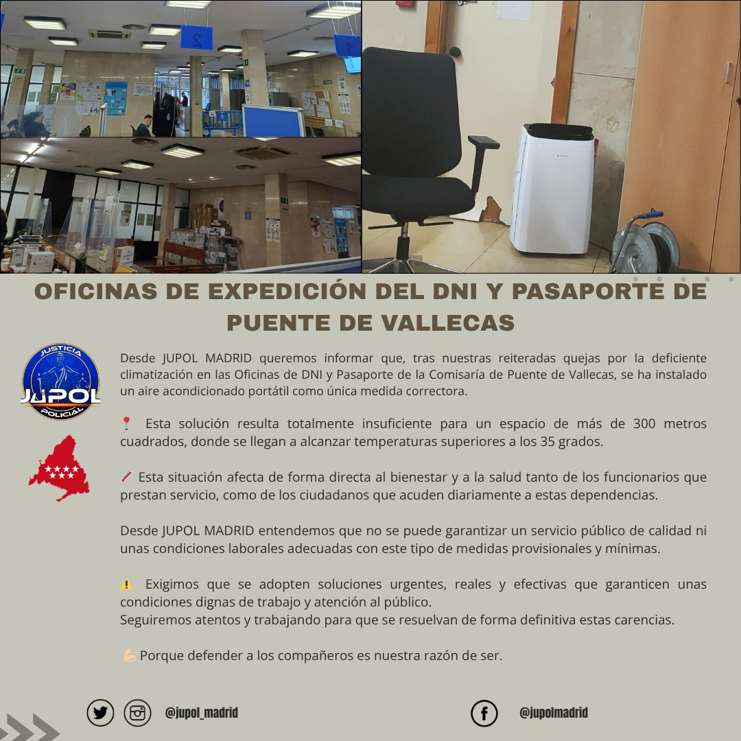 🔥 Desde JUPOL MADRID denunciamos la "solución" a la climatización en Oficinas DNI y Pasaporte de Puente de Vallecas: un solo aire portátil para +300 m² y +35 °C 🥵

❌ Insuficiente para trabajadores y ciudadanos

⚠️ ¡Exigimos medidas reales YA! 💪🏼

 #CondicionesDignas #JUPOL