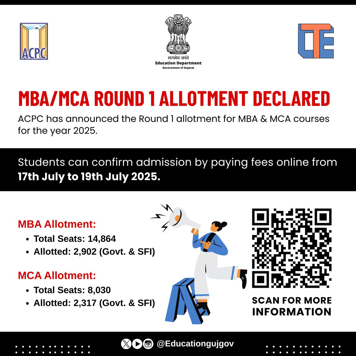 ACPC has announced Round 1 allotment for MBA and MCA courses for the year 2025.

💻 Students can confirm admission by paying fees online from 17th July to 19th July 2025.

🌐 Visit: acpc.gujarat.gov.in/mba-mca-courses

#ACPC #MBA2025 #MCA2025 #GujaratAdmissions