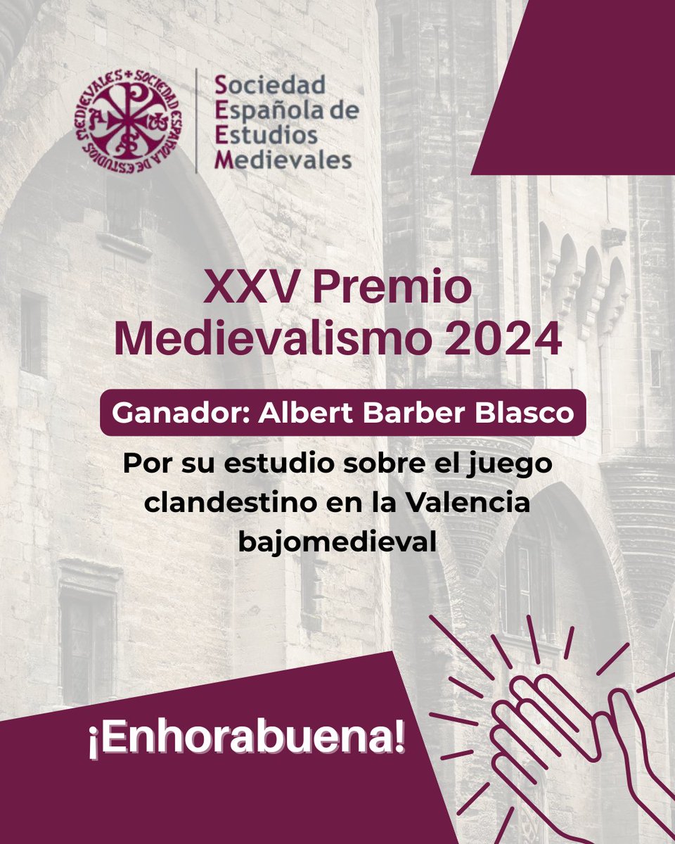 ¡Ya tenemos ganador del XXV Premio Medievalismo 2024! 🎉

Albert Barber Blasco

Por su estudio sobre el juego clandestino en la Valencia bajomedieval durante los siglos XIV-XVI.

¡Enhorabuena!

Consulta el fallo completo 👇
bit.ly/3GuFHt1