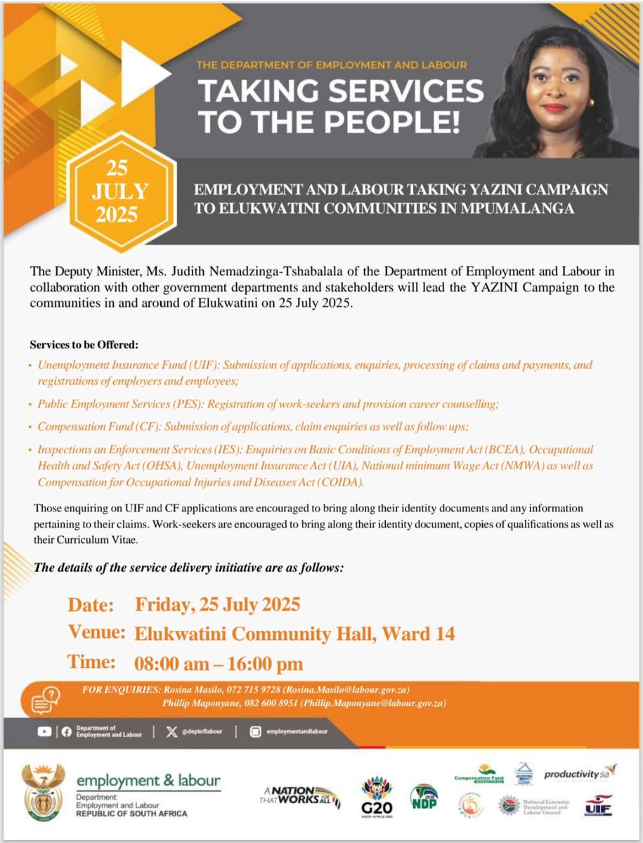Deputy Minister Judith Nemadzinga-Tshabalala to Lead #Yazini Outreach in Elukwatini, Mpumalanga Province. 

Don’t miss this opportunity to engage and benefit from services brought closer to you.

GovZAUpdates #Yazini #CommunityOutreach
