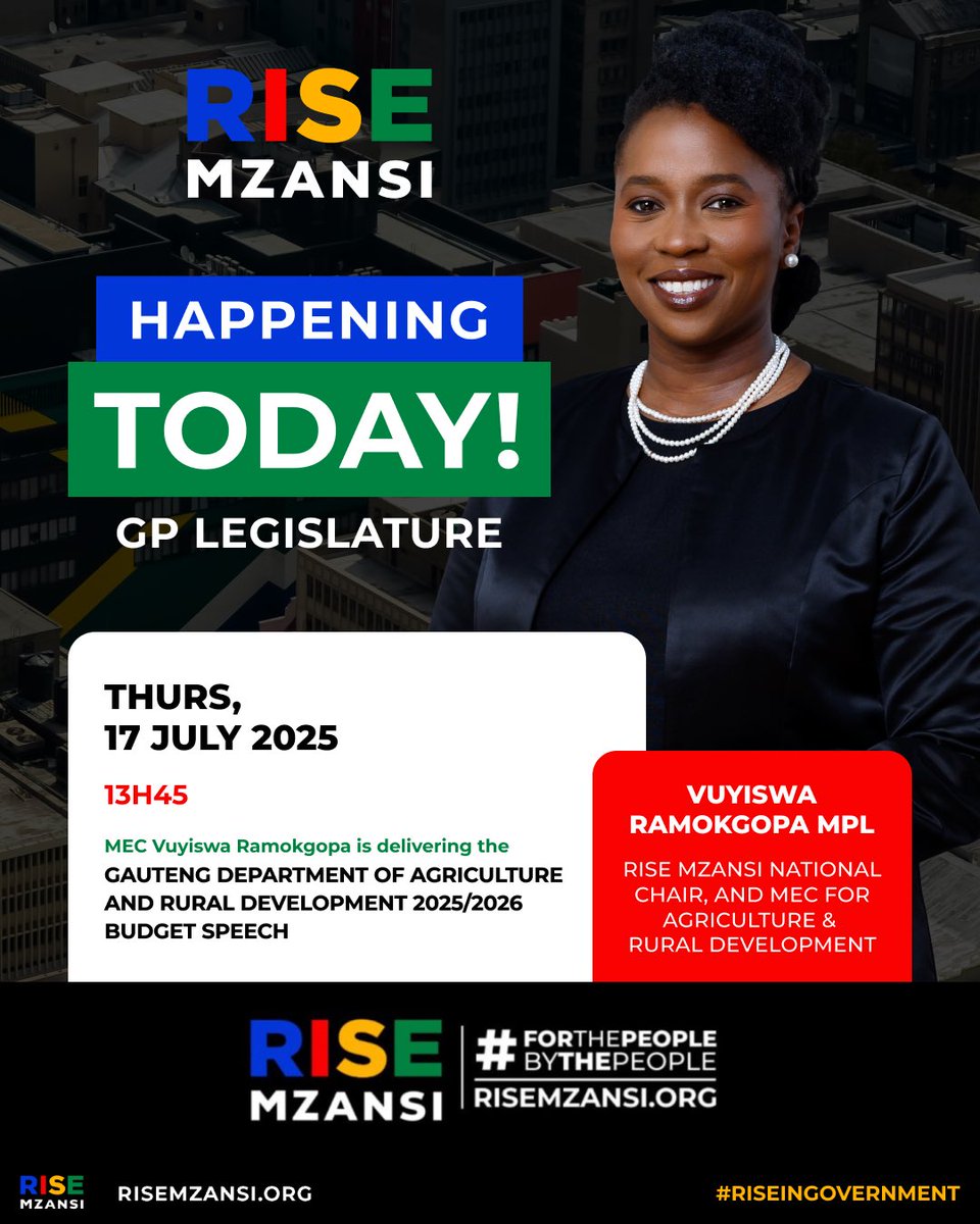 RISEGauteng's tweet image. Today, as GP MEC for Agriculture and Rural Development, @VuyiswaRamokgop MPL, is delivering her department's 2025/26 speech, focusing on three key issues:
1) Solving hunger
2) Commercialising smallholder farms
3) Creating sustainable jobs
Watch live: bit.ly/40n5FFs