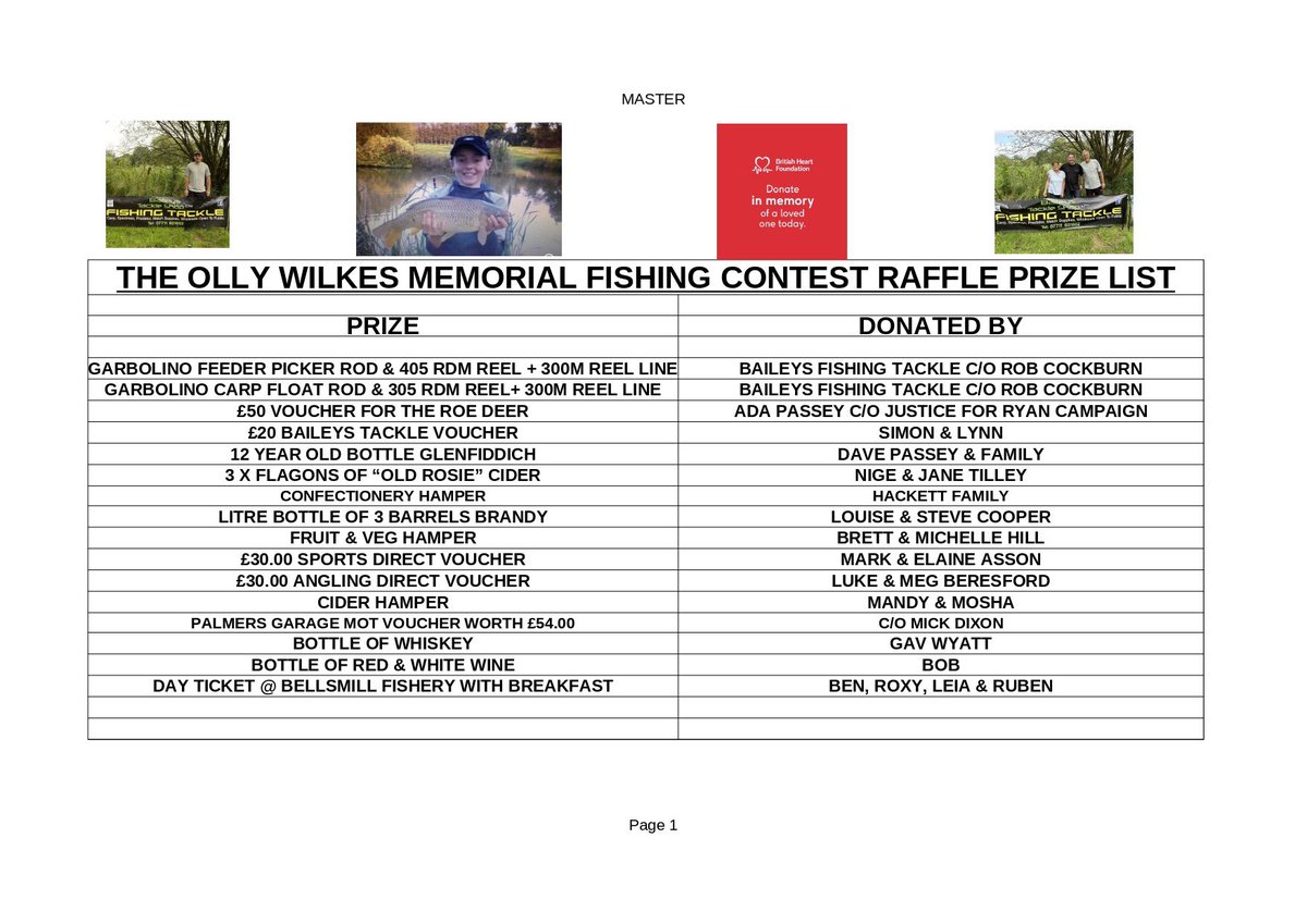 RAFFLE TICKETS NOW AVAILABLE, RAISING MONIES FOR BRITISH HEART FOUNDATION. Please contact if you can support.
ALL A LEGACY TO “OUR OLLY” ❤️🎣❤️🎣.
