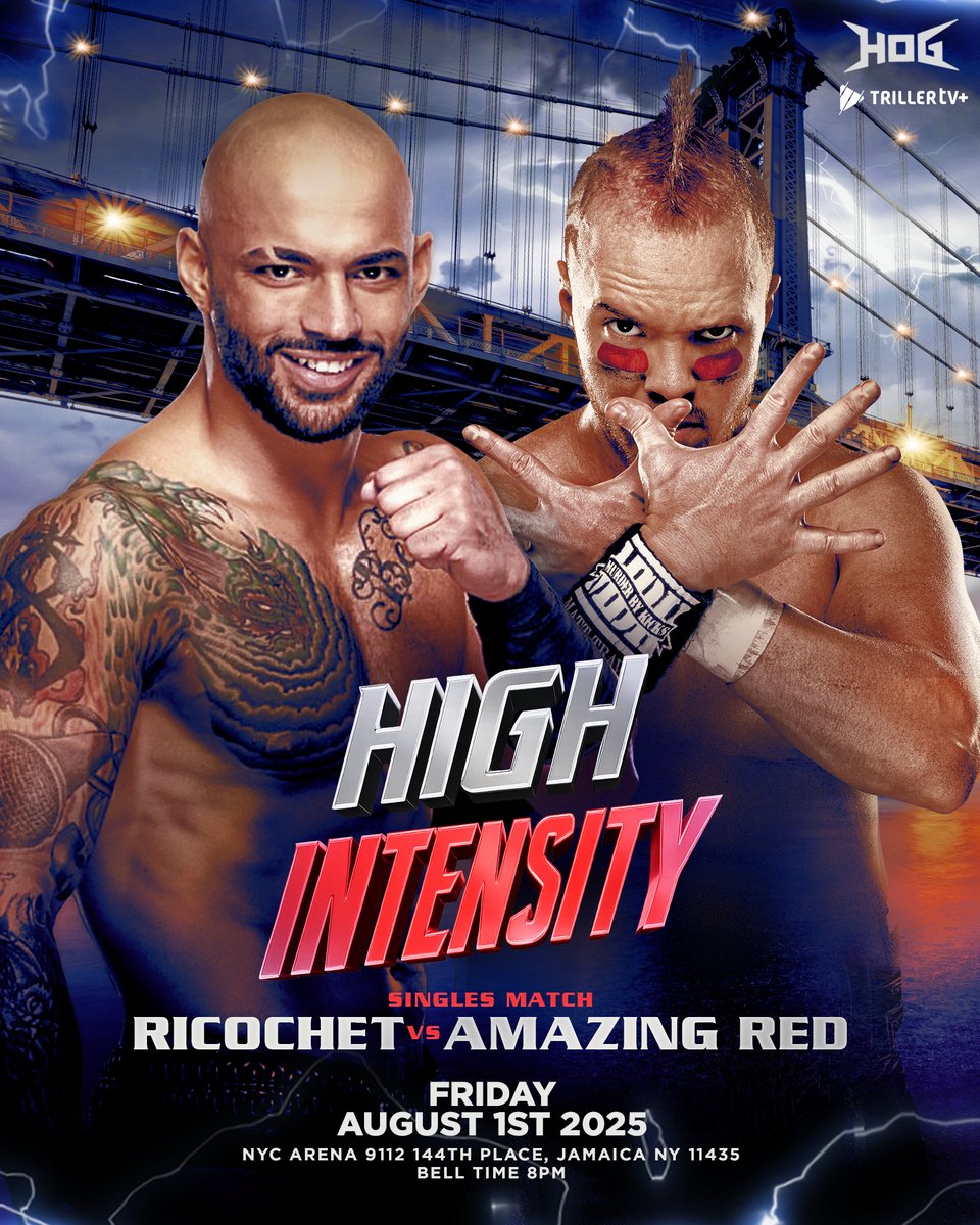 HOGwrestling's tweet image. HOG is on the road to #HIGHINTENSITY where AEW superstar @KingRicochet battles the Underground King @AmazingRed_iOD in a matchup of legendary athletes.
The NYC Arena will be the place to be on Friday August 1st! Get your tickets now!
tickettailor.com/events/houseof…