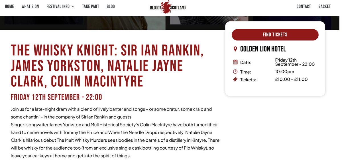 MullHistorical's tweet image. Delighted to be back at the wonderful @BloodyScotland !
The Whisky Knight: Sir Ian Rankin @Beathhigh
With @colinmacIntyre / MHS, @jamesyorkston & Natalie Jayne Clark
Fri 12th Sept 10pm
Golden Lion Stirling
Info: shorturl.at/yEud1
Tunes, words, whisky... in any order...
