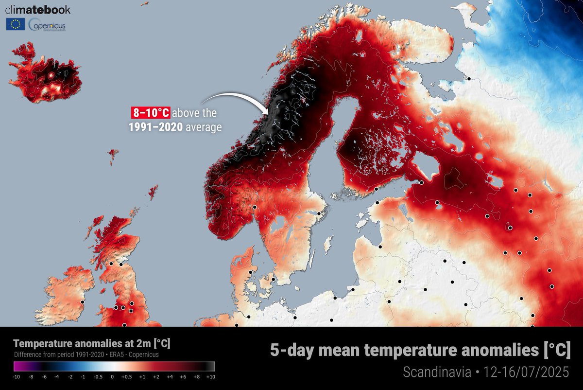 Des températures records concernent l'Islande et la Scandinavie depuis déjà plusieurs jours. On se situe 8 à 10°C au dessus des normales.