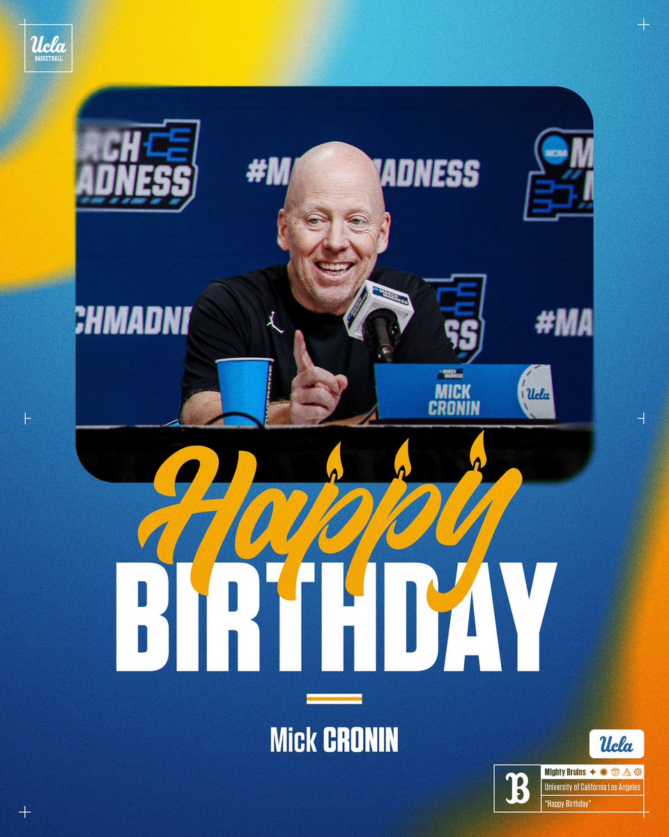 UCLAMBB's tweet image. 𝑯𝒂𝒑𝒑𝒚 𝑩𝒊𝒓𝒕𝒉𝒅𝒂𝒚 to @CoachMickCronin!

#GoBruins 🥳🎂🏀