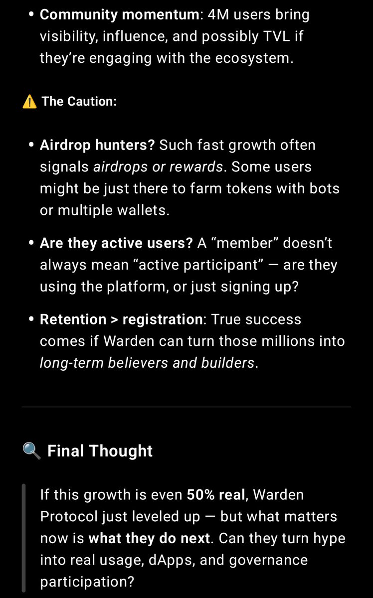 Goz_NFT's tweet photo. 🎉 Congrats @wardenprotocol 👏
The growth of the community is great. I'm happy if you're using Warden Protocol and collecting pumps.
Are you the ONLY #Yappers?
ofc NOT, right?
I asked #chatGPD and he's right.
I hope it's not just people who are only interested in bots and airdrops.
What do u think?
@Akash_Mishka @luisvae