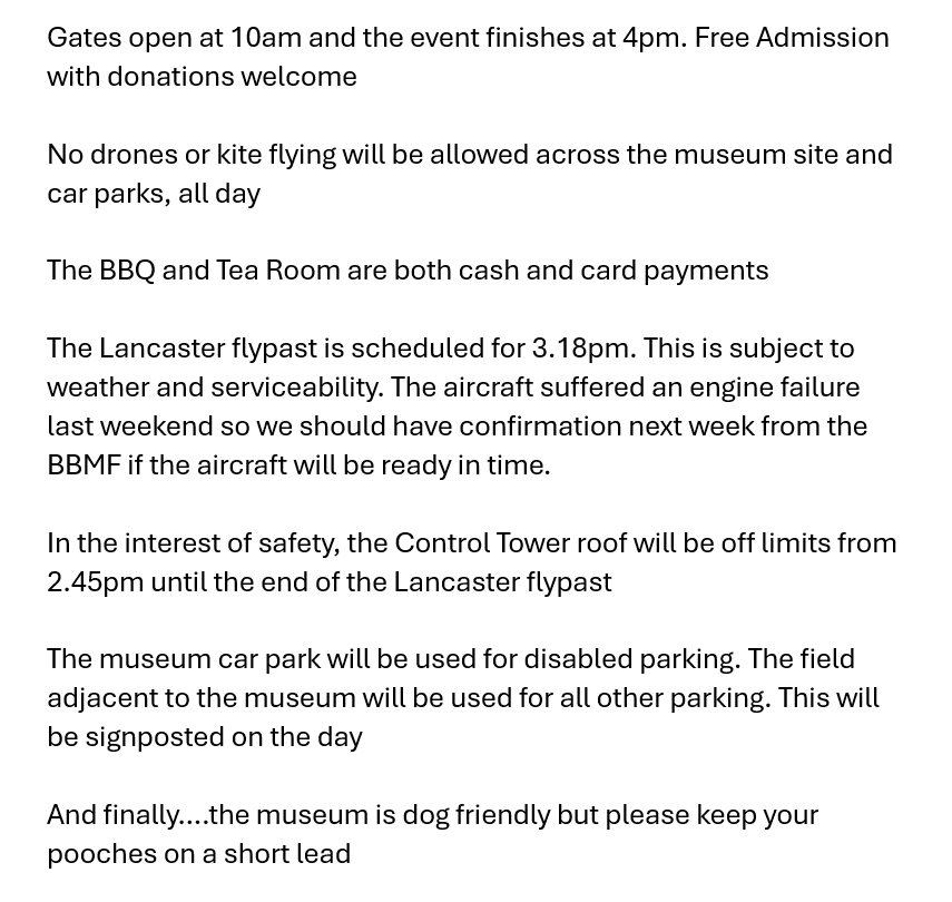 RCTAM94th's tweet image. For those attending our RAF Day at the Museum on Sunday 27th July, here are a few things to bear in mind