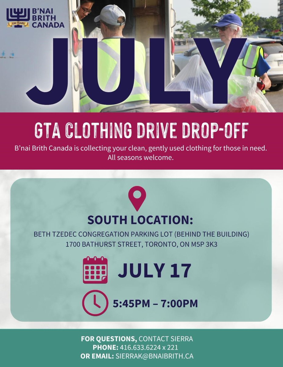 PasternakTO's tweet image. Today is the @bnaibrithcanada Clothing Drive Drop-Off. Help make a meaningful impact and donate your gently used clothing to individuals and families in need.