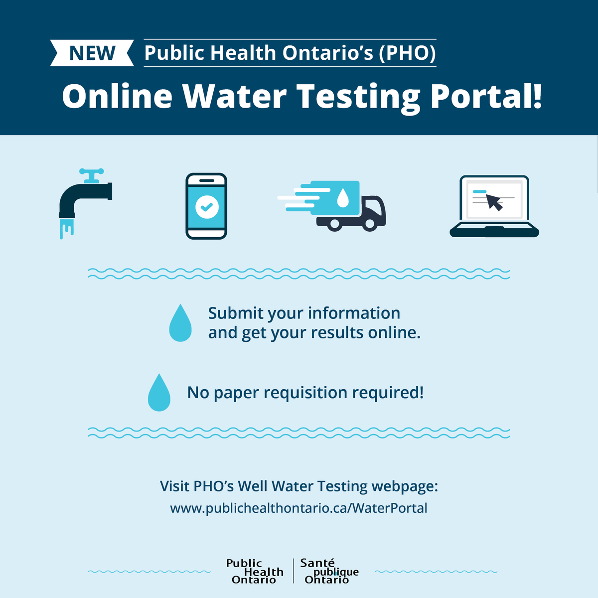 Private well or cistern? Use Public Health Ontario’s new Water Testing Portal to submit samples &amp; get results online—fast, easy &amp; paper-free! Free bacteria testing to keep your water safe.

Try it 💻 publichealthontario.ca/WaterPortal

#SafeWater #WellWater #WaterTesting