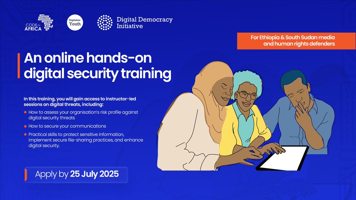 Code4Africa's tweet image. 🌍 Want to fight cyber threats like a pro?
Join Code for Africa's free Guardian Training for civil society organisations in South Sudan and Ethiopia!
Protect sensitive data, learn encryption tools, and boost your org's digital security.
📅 25 July: bit.ly/3IwIBxX